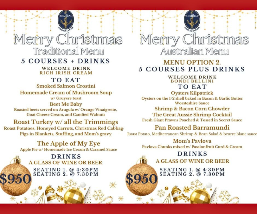 The Admiral Sports Bar Christmas Menu for 2025 Playa del Carmen